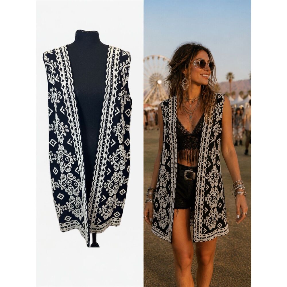 Black Beaded Long Line Open Front Vest Duster Size S/M Vintage 70’s